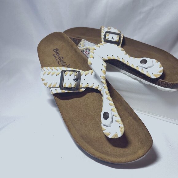 Bio Gold Made in Italy-Women's Leather Sock Slip on Toe Sandals-Cork Sole-Size 9 - Picture 5 of 15